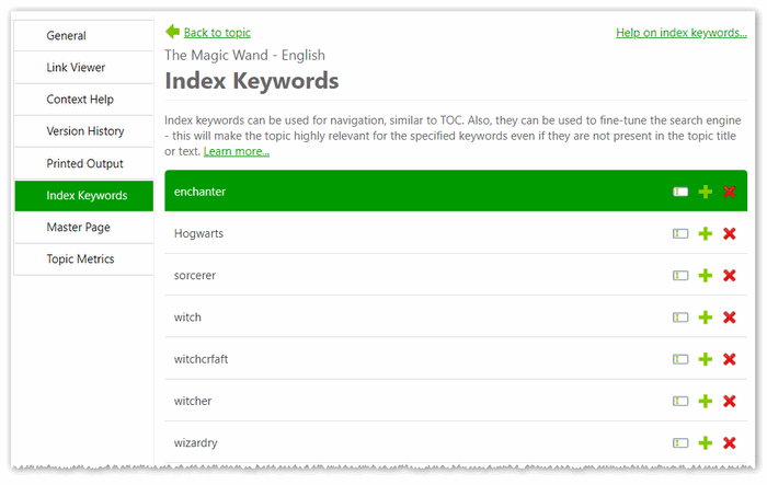 Index keywords list