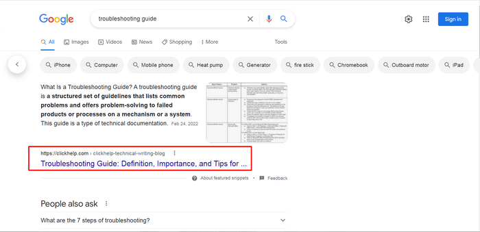 troubleshooting guide search result