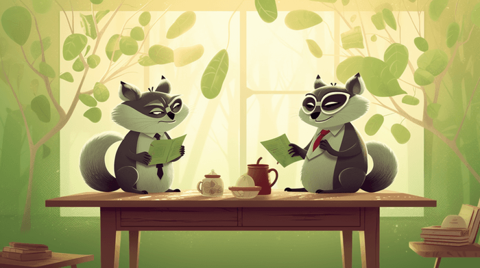 raccoons discussing projects drinking tea