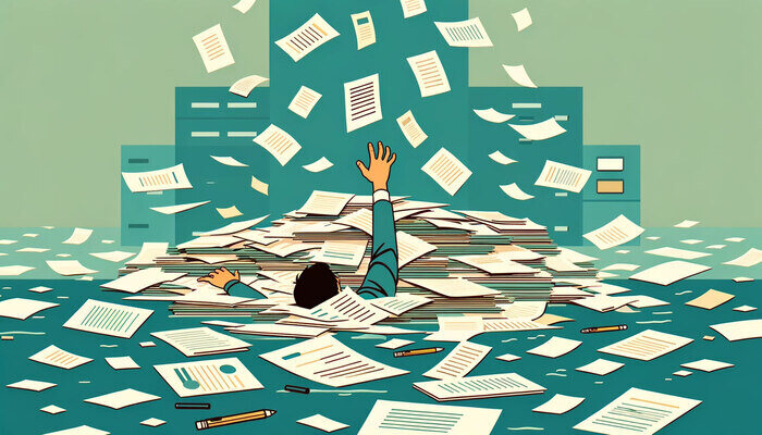 man drowning in documents