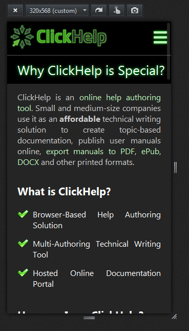 ClickHelp Web Site in Firefox Emulation