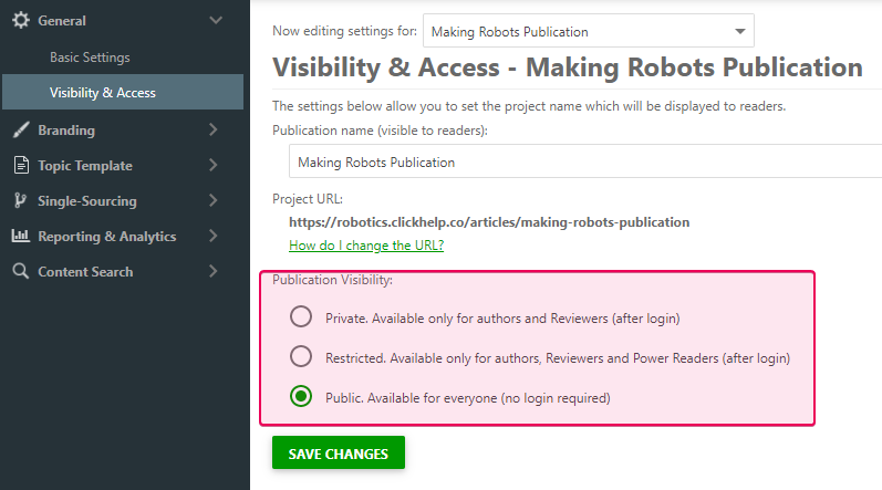 The Visibility&Access section of the publication settings