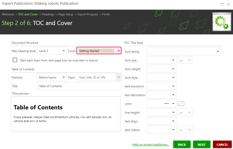 Choose the cover page on Step 2 of the Export wizard
