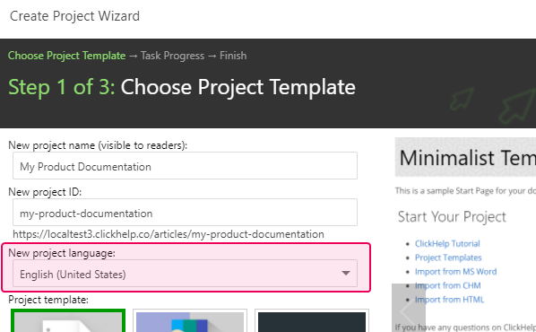 Specify a project's base language on the first step of Create Project Wizard