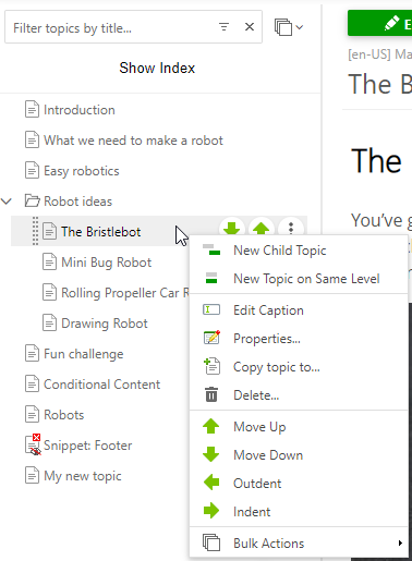 Use the context menu to move the nodes in the TOC