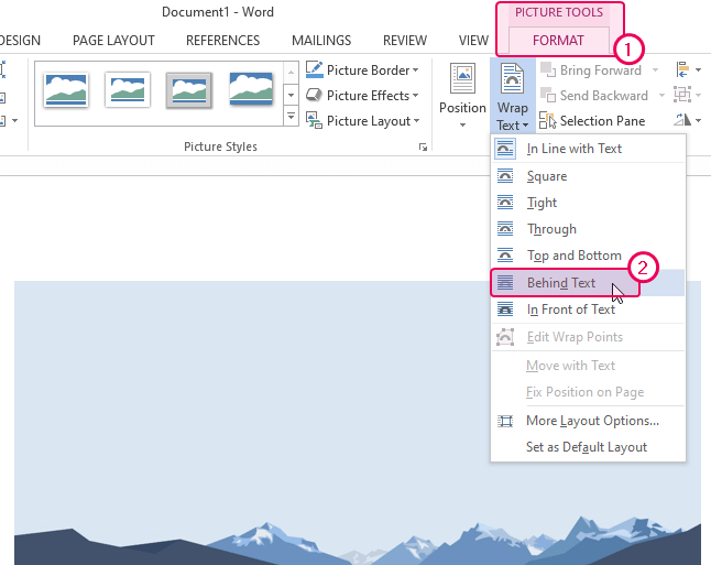 The Behind text option in the MS Word settings
