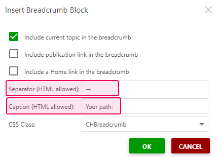 Customize the separator and the caption in the Insert Breadcrumb block dialog