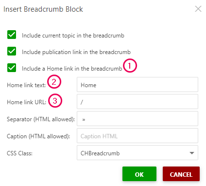 Enable a Home link in the Insert Breadcrumb block dialog
