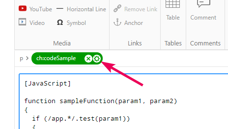 Click the gear icon in the Tag inspector to change the code sample