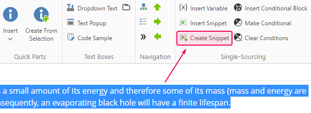 The Create snippet button in the Single-sourcing tab of the Ribbon bar