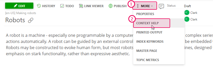 Go to the Context help by clicking the More button in the topic header
