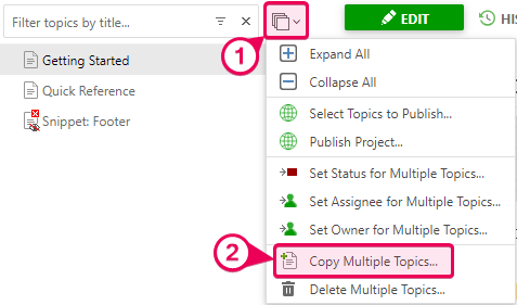 The Copy Multiple Topics option in the TOC