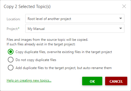 The root level of another project option in the Copy multiple topics dialog