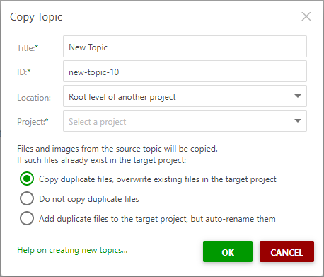 The root level of another project option in the Copy topic dialog