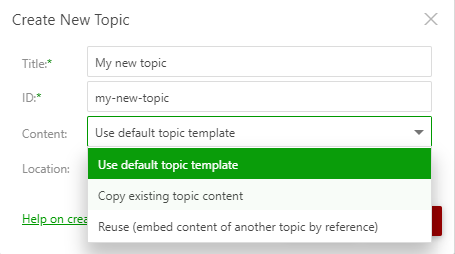 The Content popup in the Create New Topic dialog