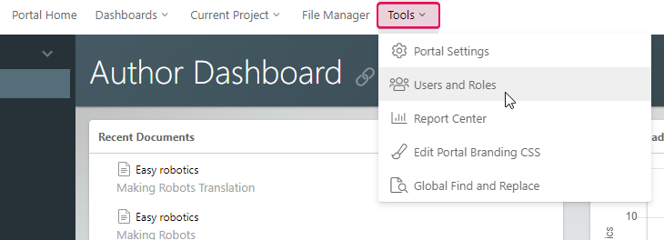 The Users and Roles link in the main menu on the Author Dashboard
