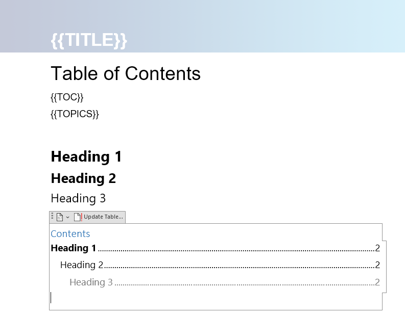 Insert the Table of contents into the MS Word template