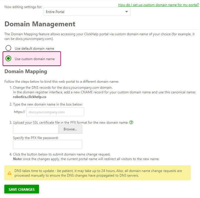 Select the Use custom domain name option in the Domain Mapping section of the Portal settings