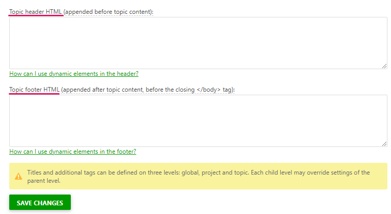 The header/footer field in the Topic Master Page settings