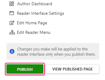 The Publish button in the Home Page Customization widget