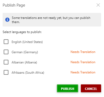 Select languages to publish in the Publish Page dialog