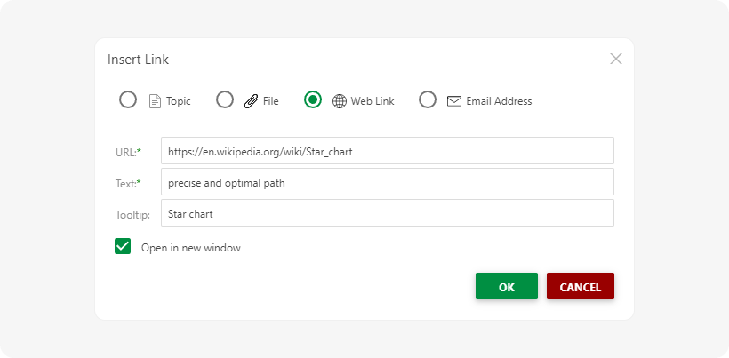 Web link radio button at the top of the Insert link dialog