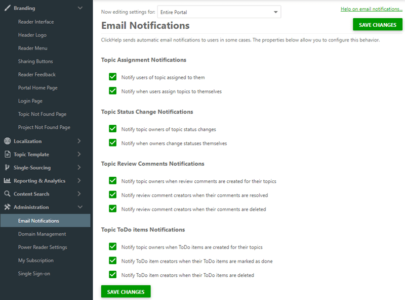 The E-mail Notifications section in the Portal settings