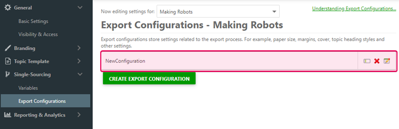 The new export configuration appears on the project settings page
