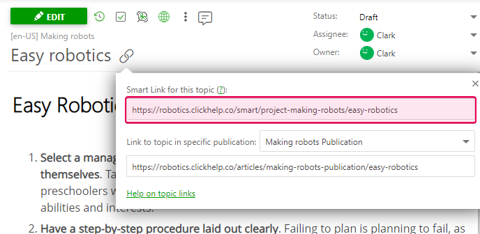 Click the Get topic link button in the topic header to get the Smart Link to the topic