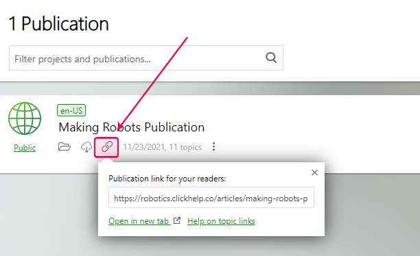 Click the chain icon on the Author Dashboard to get the link to the publication