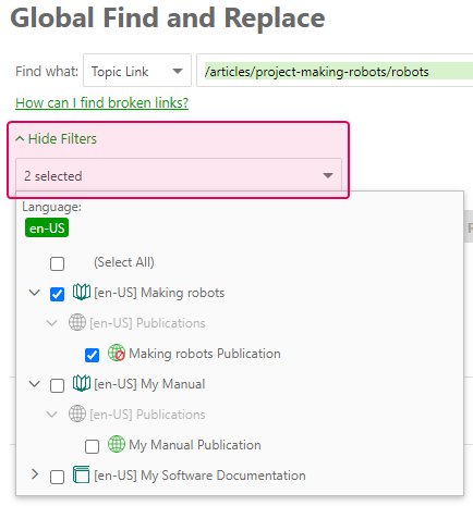 Apply custom search filters in the Global Find and Replace window