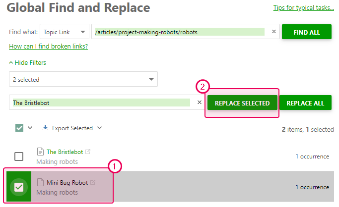 Choose the topics and click the Replace selected button