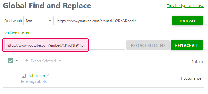 Paste the copied URL to the Replace with field