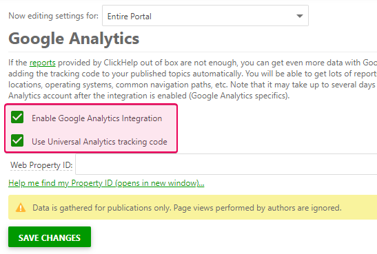 Enable the checkboxes in the Google Analytics section