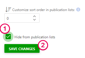 The Hide from publication lists option in the project basic settings