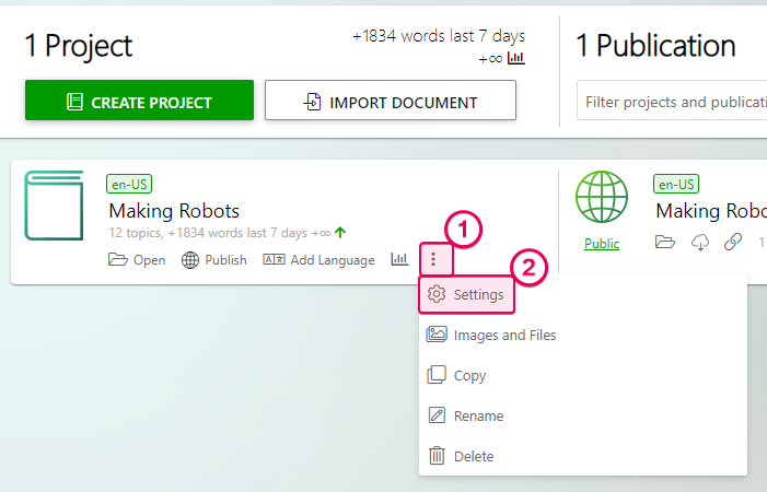 The Project settings button on the Author Dashboard