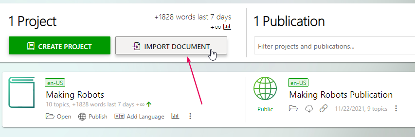 Import Document button on the Projects page