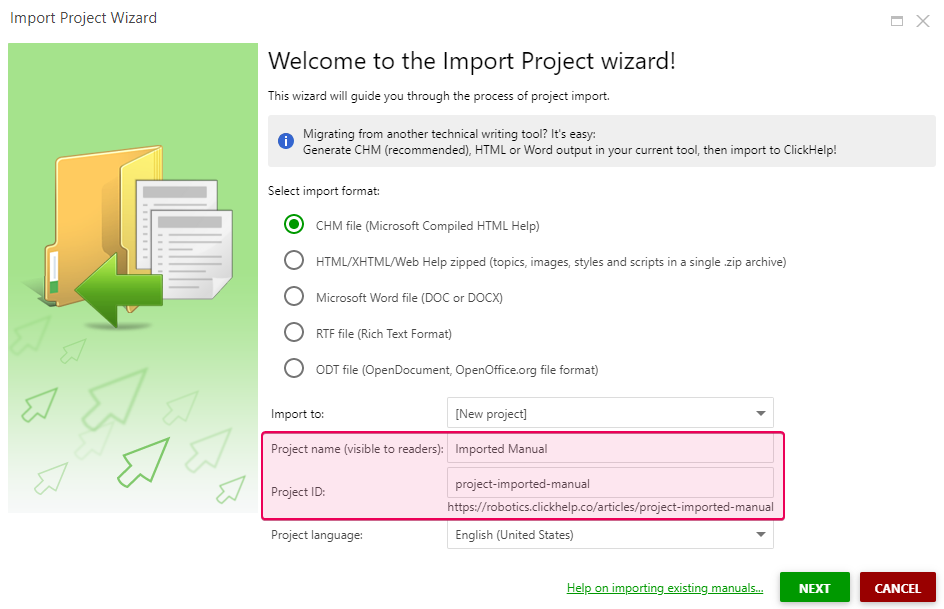 Specify Project name and Project ID in the Import Project wizard