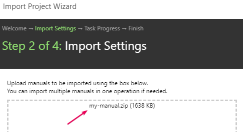 The Uploaded files field in the Import Project wizard