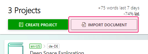 Import document button on the Projects page