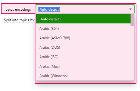Topics encoding option in the Import Project wizard