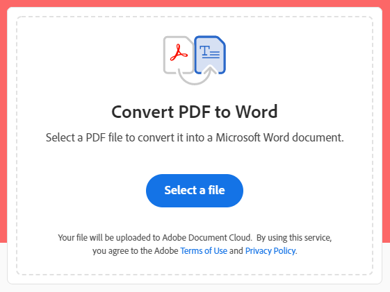 Select a file button in Convert PDF to Word online service