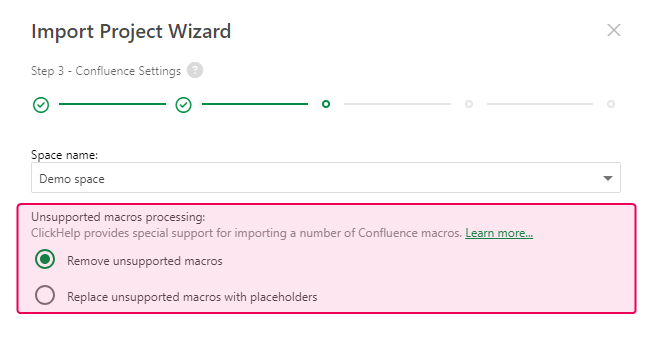 The Unsupported macros processing option in the Import Project Wizard