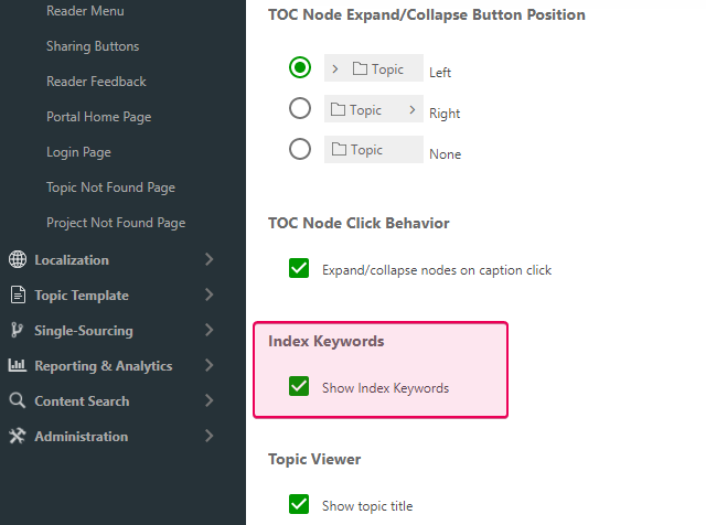 The Show Index Keywords checkbox in the Index keywords section of Portal settings