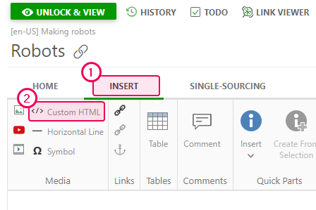 Click the Custom HTML button on the Insert tab of the Ribbon bar