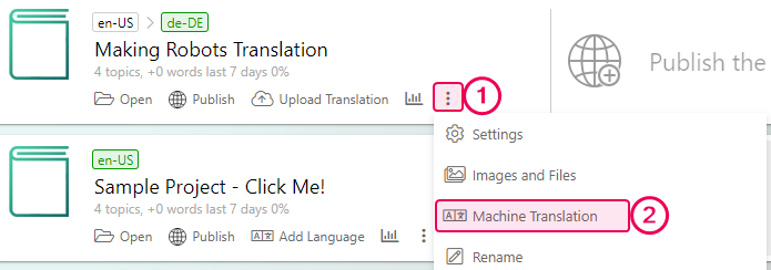 The Machine Translation button in author dashboard