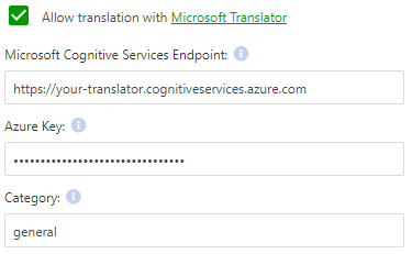 The Microsoft Translator settings