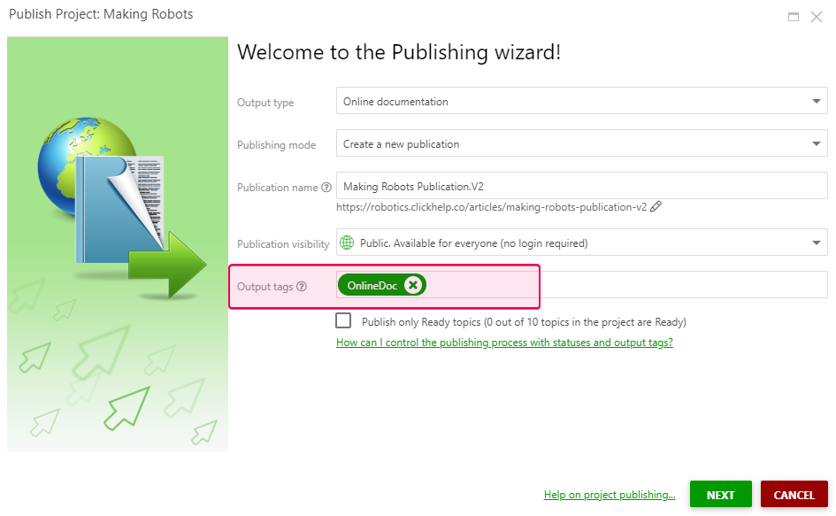 Specify output tags in the Publishing wizard