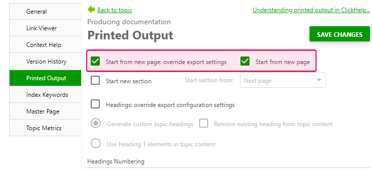 Start from new page checkboxes in the Printed output section in the topic properties