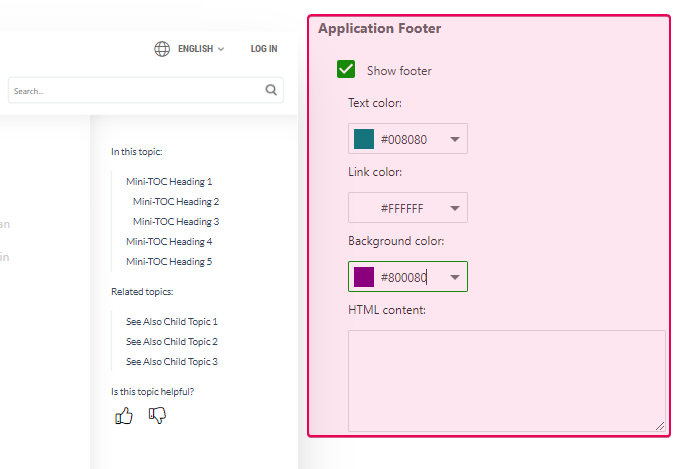 The Application Footer section in the Reader Interface settings